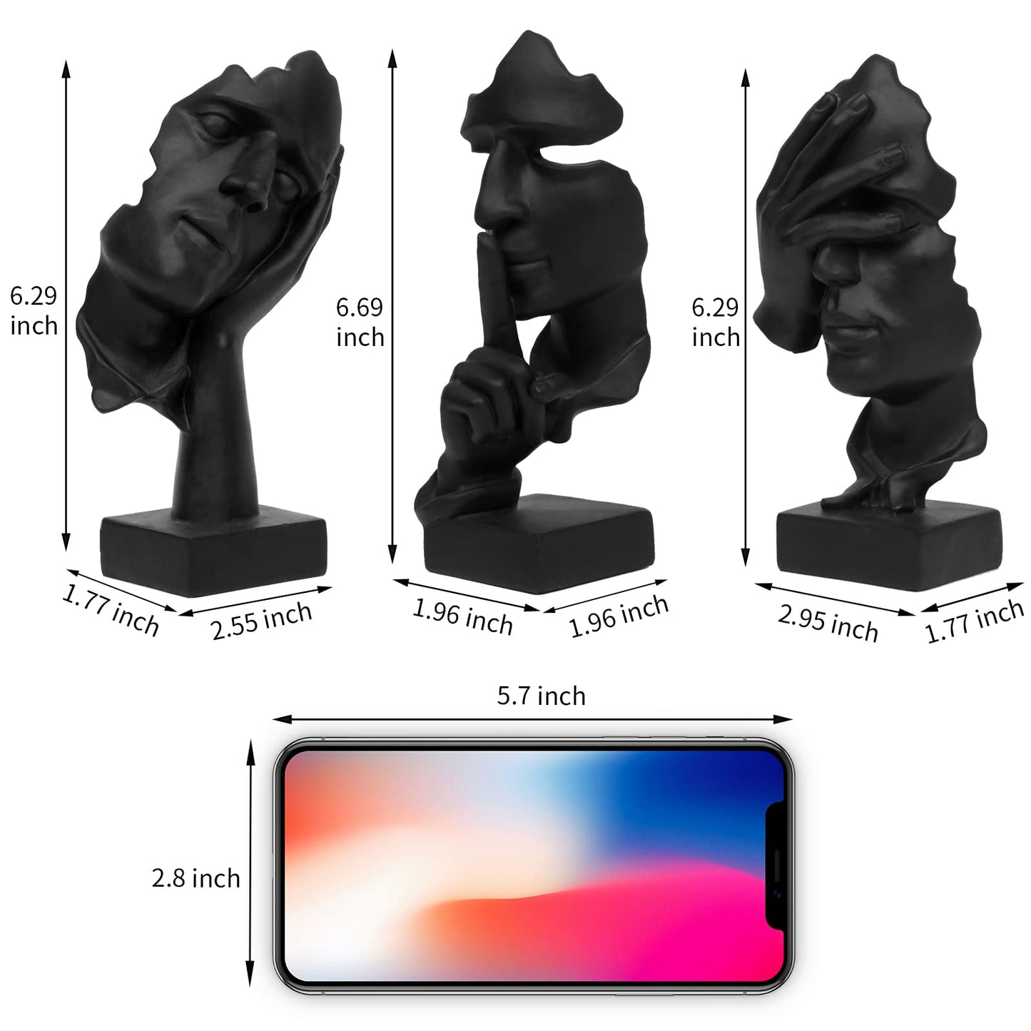 3 Pcs Thinker Statue, Silence is Gold Abstract Art Figurine