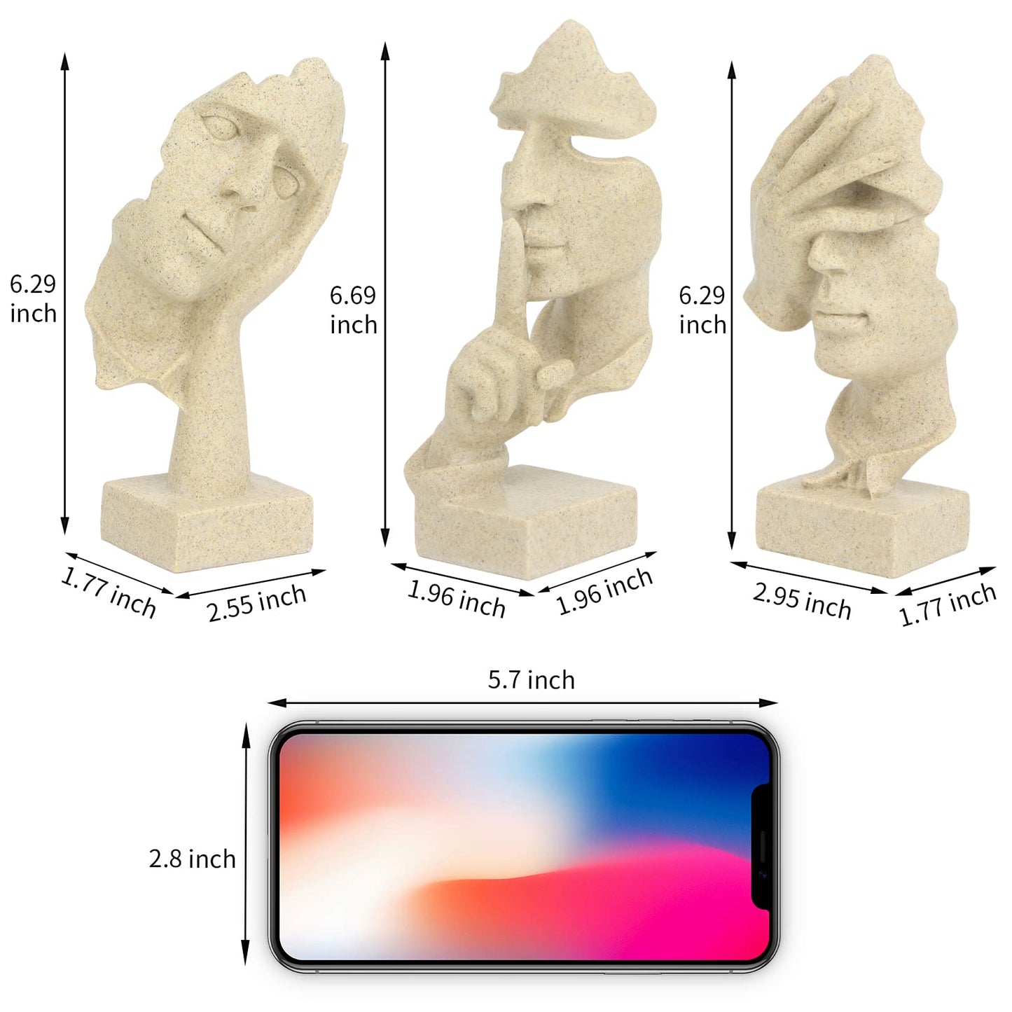 3 Pcs Thinker Statue, Silence is Gold Abstract Art Figurine